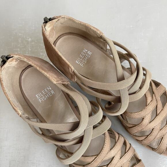 Eileen Fisher Fara Suede Leather Caged Sandals Block Heel Size 7.5 M Beige Tan - Picture 7 of 13